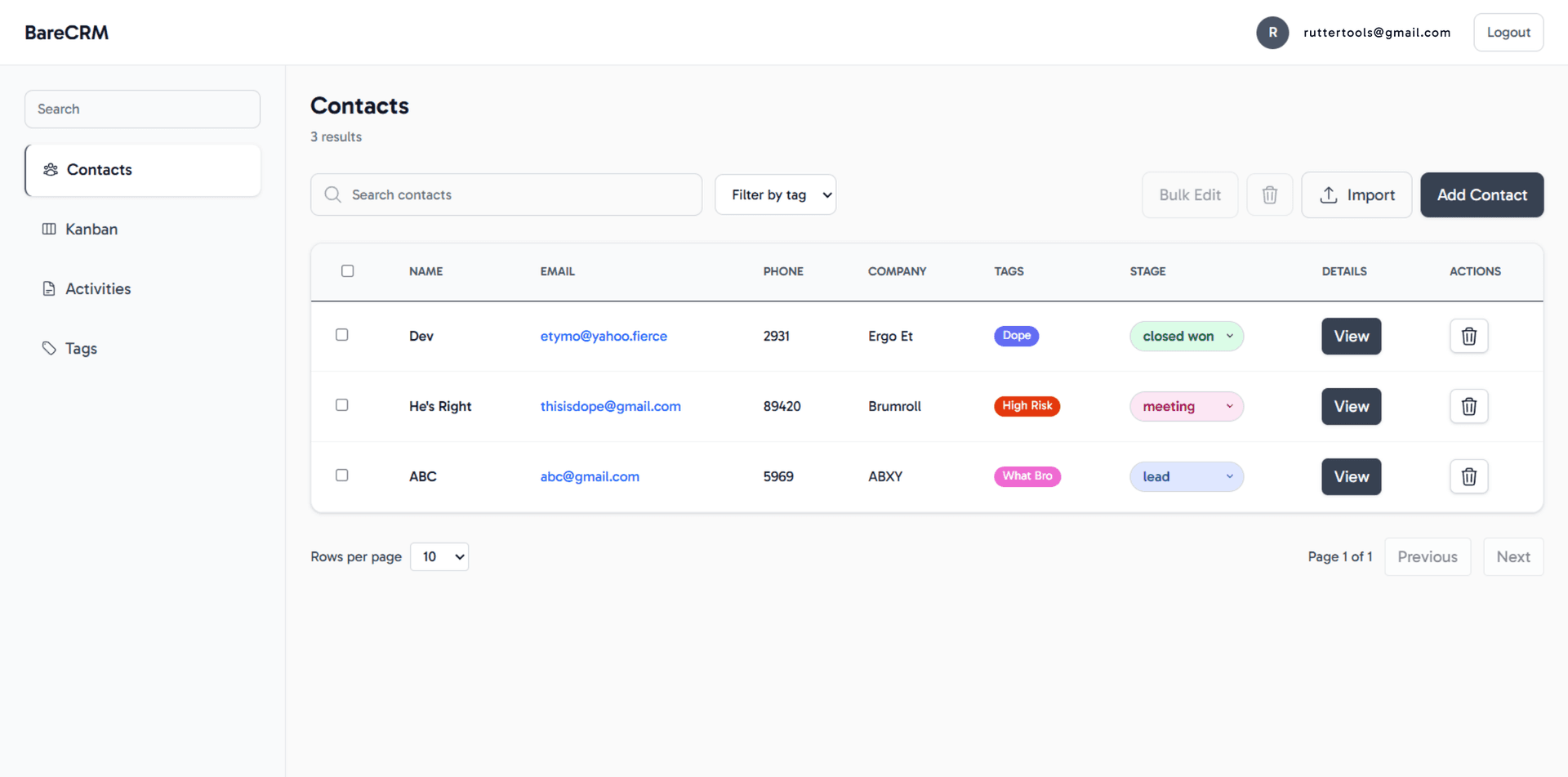 BareCRM dashboard (Dash 5) showing a clean pipeline and minimal UI