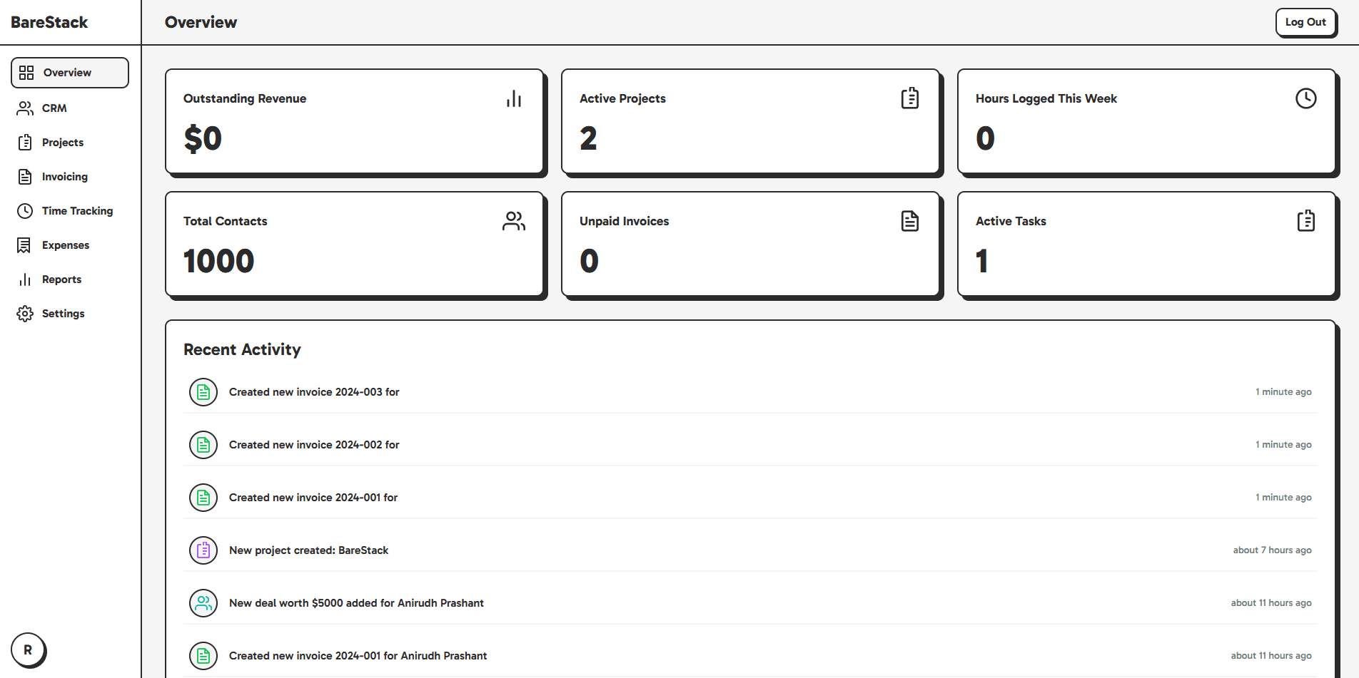 BareStack dashboard (Dash 6) showing clean, minimal UI
