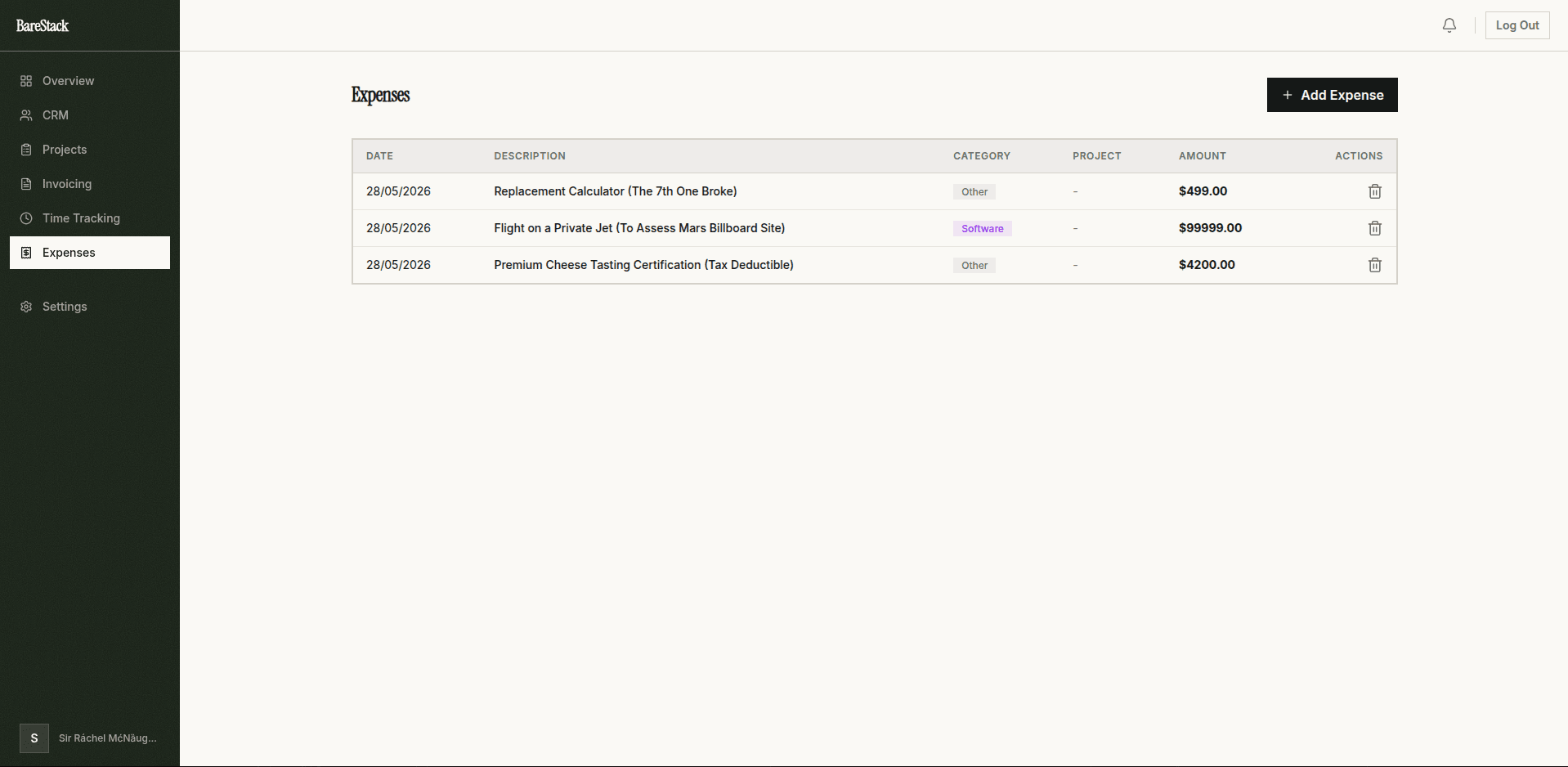 EXPENSES — BareStack screenshot